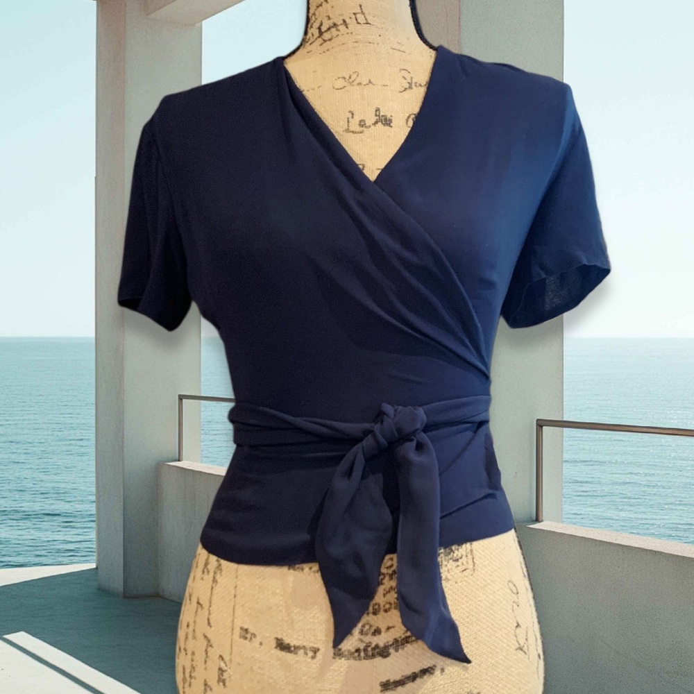 Calvin Klein Silk Navy Wrap Top Blouse 4